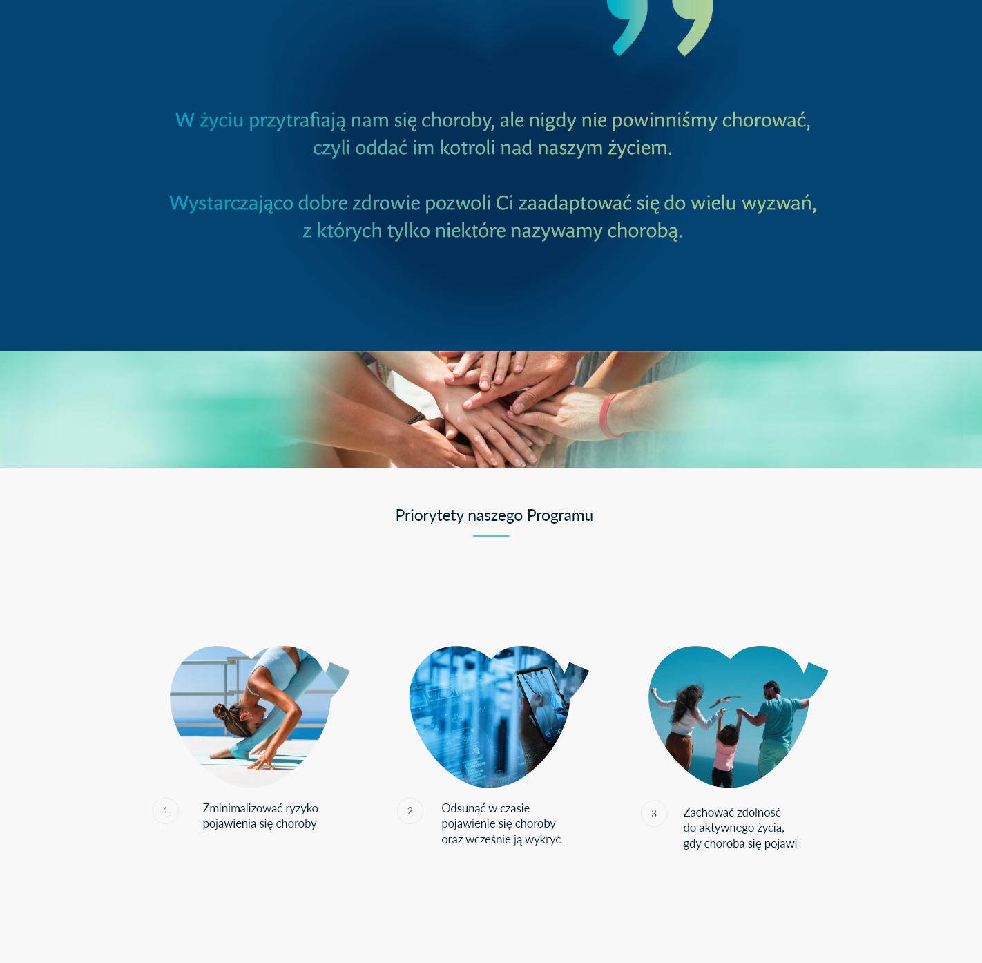 Układ strony internetowej o zdrowiu z hasłami, grafiką dłoni w centrum i ikonami w kształcie serc przedstawiającymi aktywności fizyczne.