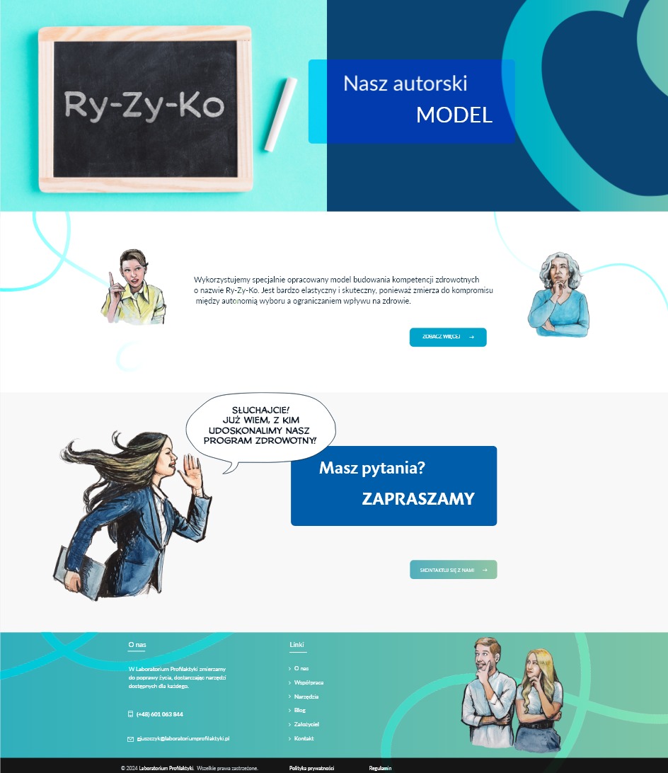 Strona internetowa z ilustracjami osób, tablicą z napisem Ry-Zy-Ko i hasłami reklamowymi dotyczącymi programu zdrowotnego.