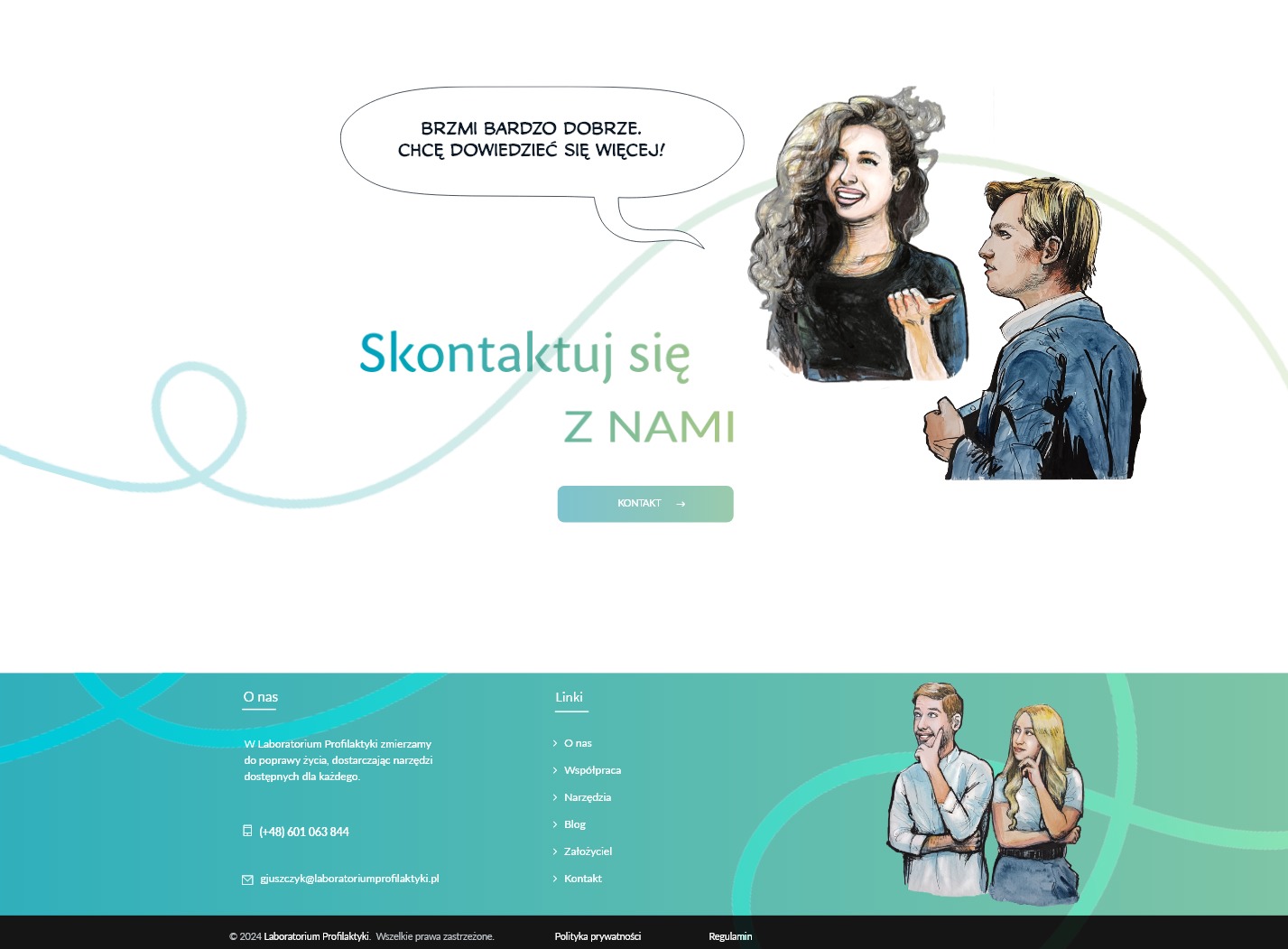 Ilustracja strony internetowej z rysunkowymi postaciami kobiety i mężczyzny, zachęcająca do kontaktu.