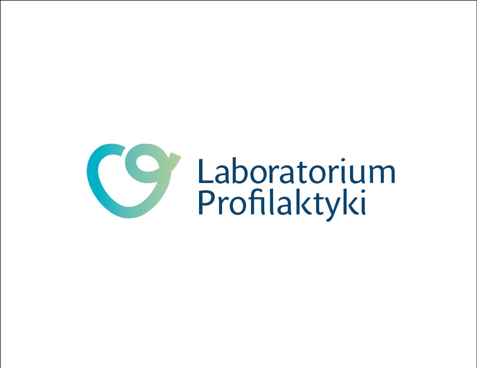 Logo firmy Laboratorium Profilaktyki z symbolem serca przechodzącego w spiralę w odcieniach zieleni i błękitu.