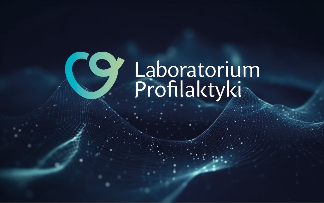 Logo firmy Laboratorium Profilaktyki na abstrakcyjnym, cyfrowym tle z efektem falujących linii i punktów.
