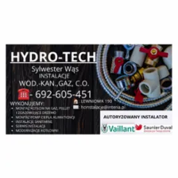 Wizytówka firmy Hydro-Tech Sylwester Wąs z numerem telefonu i zakresem usług: montaż kotłów, pomp ciepła, instalacji sanitarnych, serwis i modernizacja kotłowni. Autoryzowany instalator Vaillant.