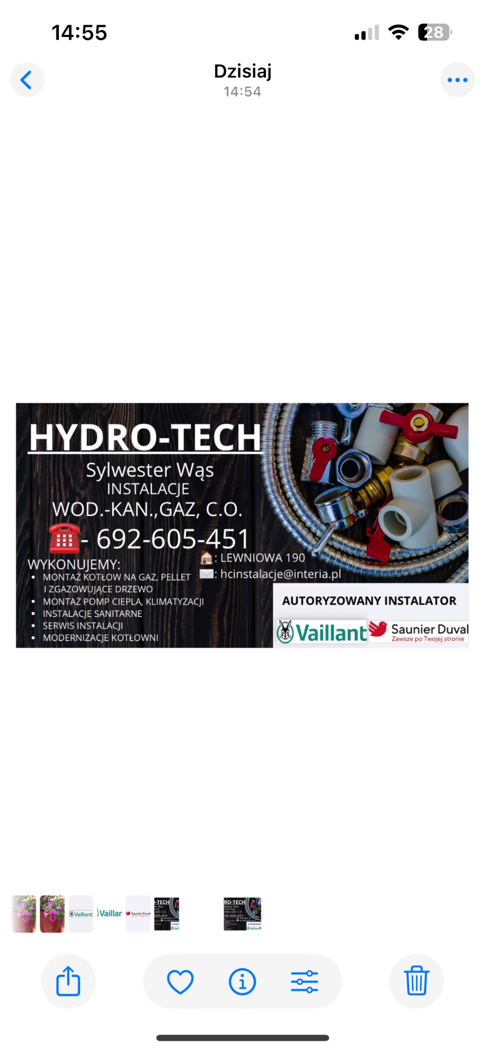 Wizytówka firmy Hydro-Tech Sylwester Wąs z numerem telefonu i zakresem usług: montaż kotłów, pomp ciepła, instalacji sanitarnych, serwis i modernizacja kotłowni. Autoryzowany instalator Vaillant.