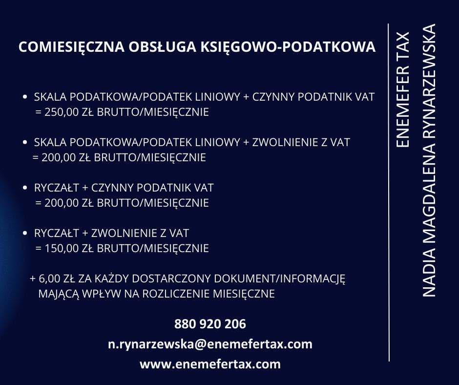 Grafika informacyjna z cennikiem comiesięcznej obsługi księgowo-podatkowej, zawierająca dane kontaktowe firmy Enemefer Tax i imię oraz nazwisko Nadii Magdaleny Rynarzewskiej.