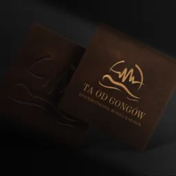 Dwie brązowe wizytówki z wytłoczonym i złotym logo oraz napisem 'TA OD GONGÓW DŹWIĘKOTERAPIA MONIKA KARABIN' na czarnym teksturowanym tle.
