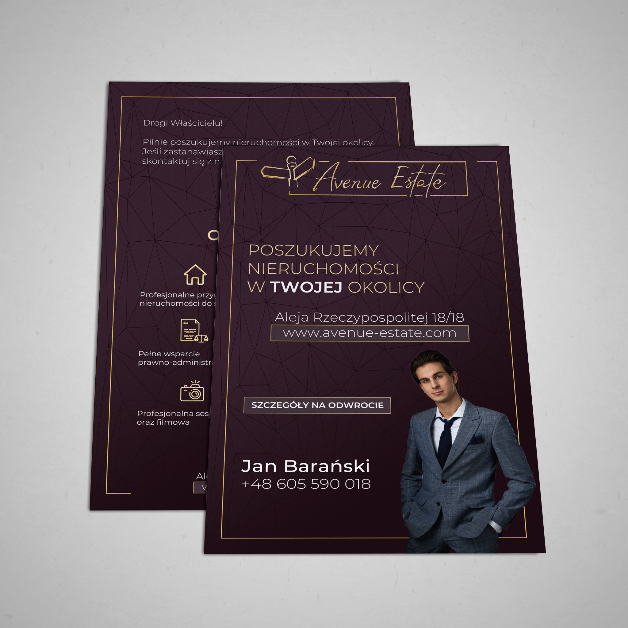 Elegancka wizytówka firmy Avenue Estate w odcieniach bordo i złota, prezentująca ofertę poszukiwania nieruchomości i kontakt do Jana Barańskiego.