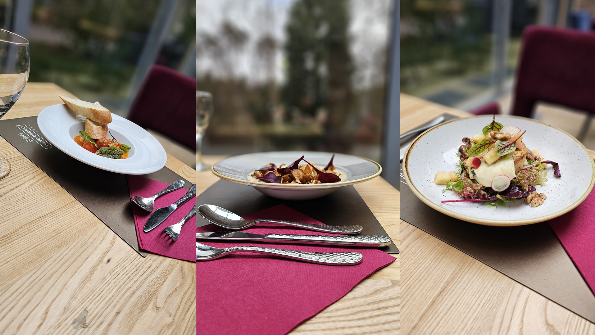 Kompozycja trzech dań: sałatka z serem, danie z warzywami i grzankami, danie z chipsami warzywnymi, każde na innym talerzu, z różnymi sztućcami i serwetkami.