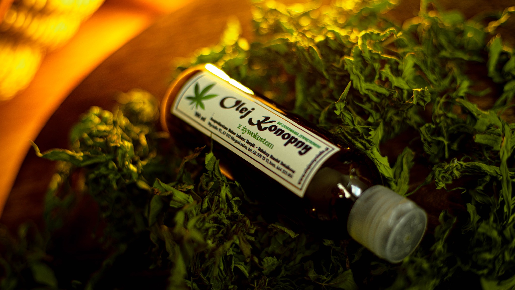 Butelka oleju konopnego z żywokostem, leżąca na tle z suszonych liści, oświetlona ciepłym światłem, tworząca naturalną kompozycję. Produkt w brązowej butelce z etykietą.