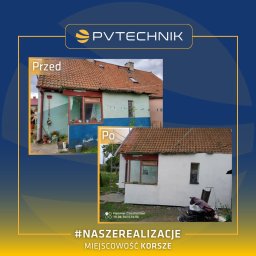 Elżbieta Proszowska - Porównanie budynku przed i po remoncie elewacji: ściany wcześniej pomalowane na niebiesko-zielono, po remoncie otynkowane na biało. Widoczna zmiana koloru ramy okiennej.