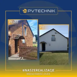 Dom przed i po ociepleniu elewacji, widoczna zmiana koloru i struktury ściany, z ceglanej na gładką białą.