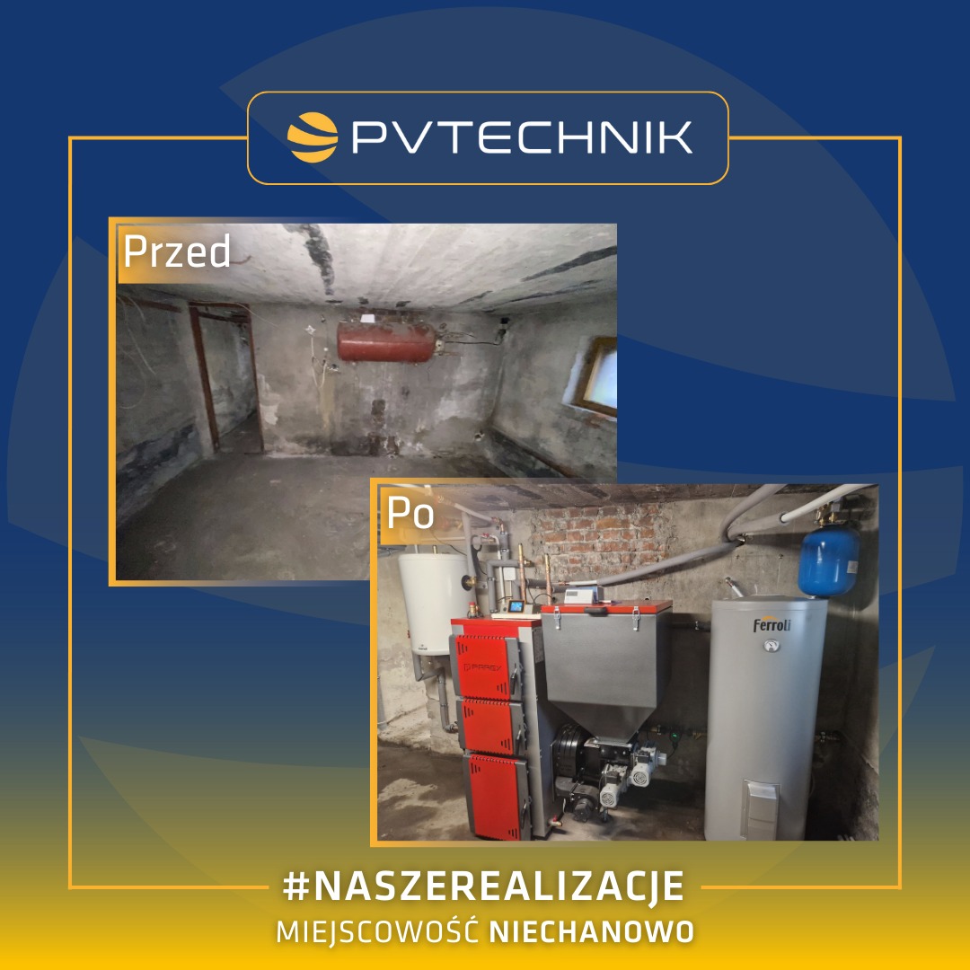 Porównanie 'przed' i 'po' w piwnicy: widok przed remontem z brudnymi ścianami i starym zbiornikiem oraz widok po remoncie z nowym piecem CO i instalacją grzewczą.
