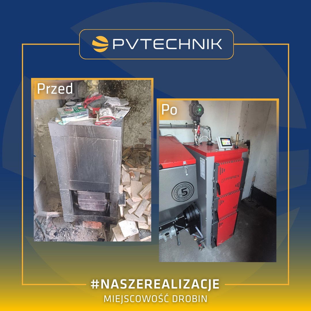 Porównanie stanu kotła przed i po wymianie: stary, zabrudzony kocioł na paliwo stałe zestawiony z nowoczesnym, czystym kotłem z czerwonymi drzwiczkami i panelem sterowania, w tle surowe ściany...