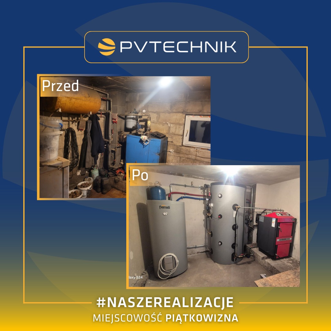Porównanie 'przed' i 'po' wymianie instalacji grzewczej w piwnicy w Radomsku, prezentujące nowy, nowoczesny piec i zbiorniki Ferroli, w kontraście do starego, zaniedbanego systemu.