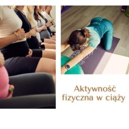 Blisko Kobiet Kartuzy - szkoła rodzenia - opieka po porodzie - zabieg Indiba - Kobiety w ciąży na zajęciach grupowych, siedzą i trzymają ręce na brzuchach, obok kobieta ćwiczy na macie z piłką do ćwiczeń.