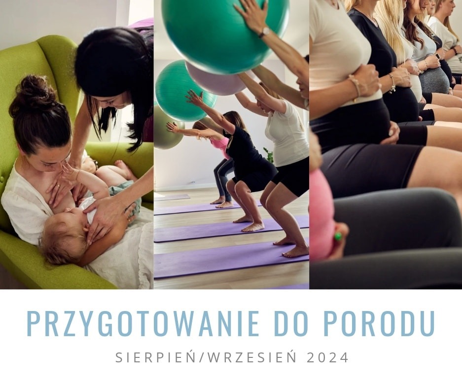 Kolaż: Matka karmiąca piersią dziecko w fotelu, kobiety ćwiczące z piłkami i kobiety w ciąży siedzące w rzędzie.