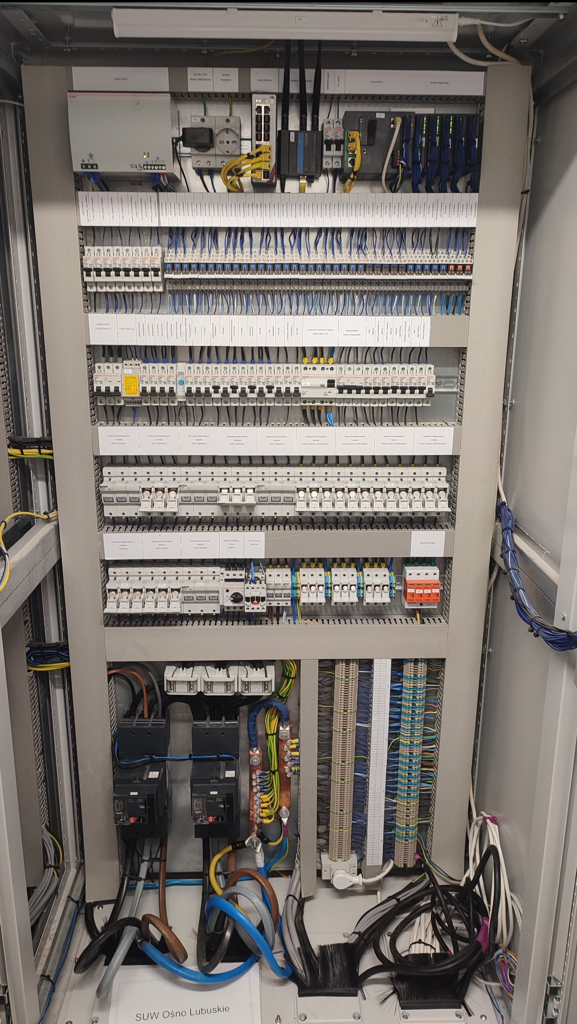 Rozdzielnica elektryczna z licznymi zabezpieczeniami, okablowaniem i elementami sterującymi, widok z przodu, etykiety opisowe na poszczególnych modułach.