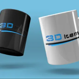 Dwie unoszące się w powietrzu ceramiczne filiżanki: czarna i biała, każda z nadrukowanym logo '3D Item' w kolorze niebiesko-czarnym, na jednolitym niebieskim tle.