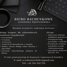 Reklama biura rachunkowego Agnieszka Żędzianowska na ciemnym tle z klawiaturą, prezentująca ofertę dla jednoosobowych działalności gospodarczych, z logo firmy w górnej części.