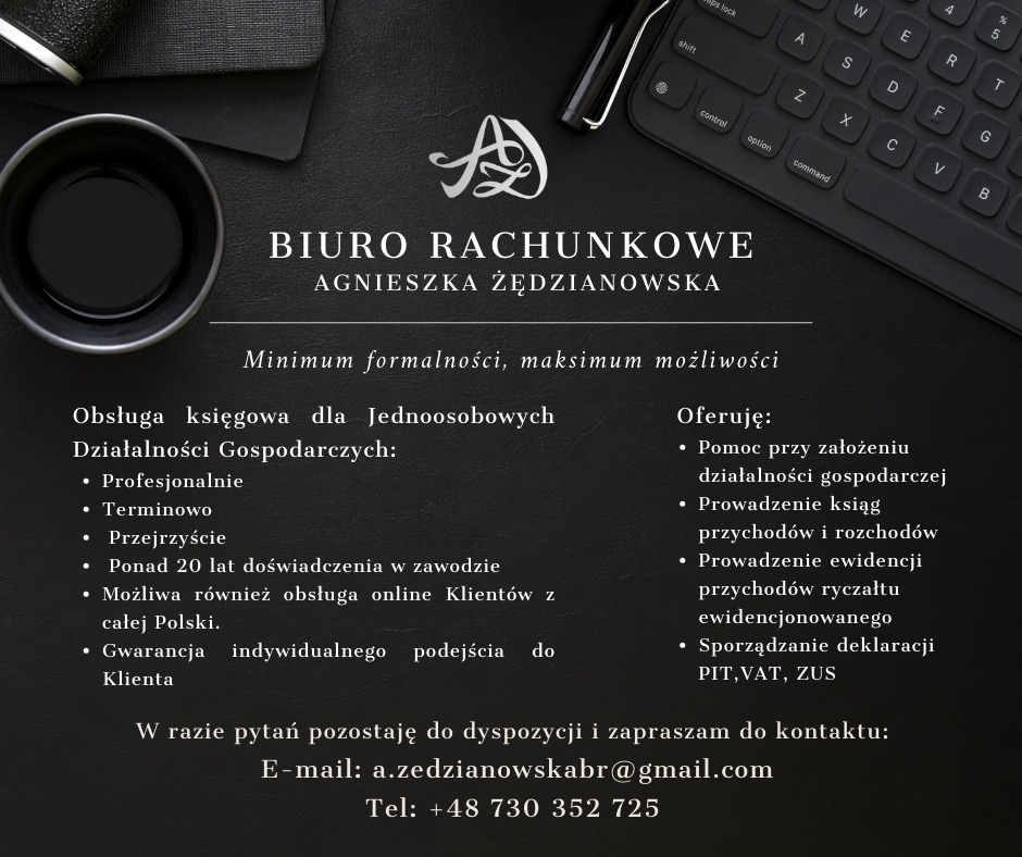 Reklama biura rachunkowego Agnieszka Żędzianowska na ciemnym tle z klawiaturą, prezentująca ofertę dla jednoosobowych działalności gospodarczych, z logo firmy w górnej części.