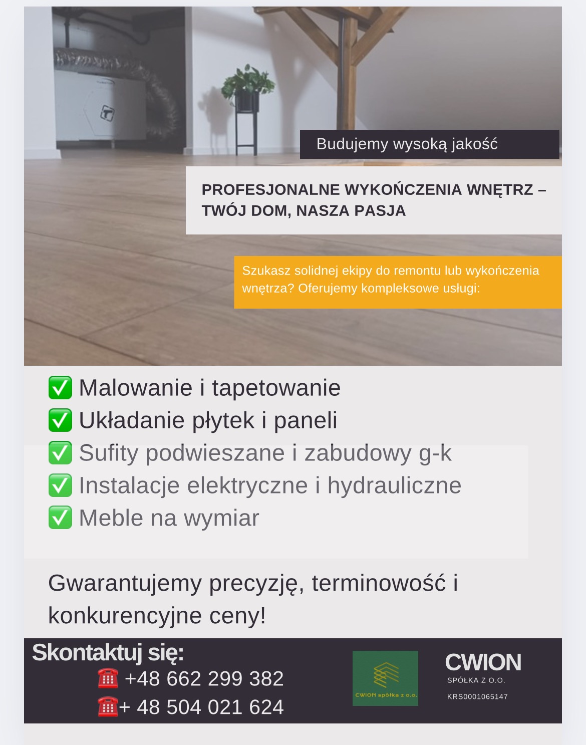 Grafika reklamowa firmy budowlanej prezentująca wykończone wnętrze z drewnianą konstrukcją sufitową, podłogą z paneli i systemem wentylacyjnym, z hasłem 'Profesjonalne wykończenia wnętrz – Twój dom...