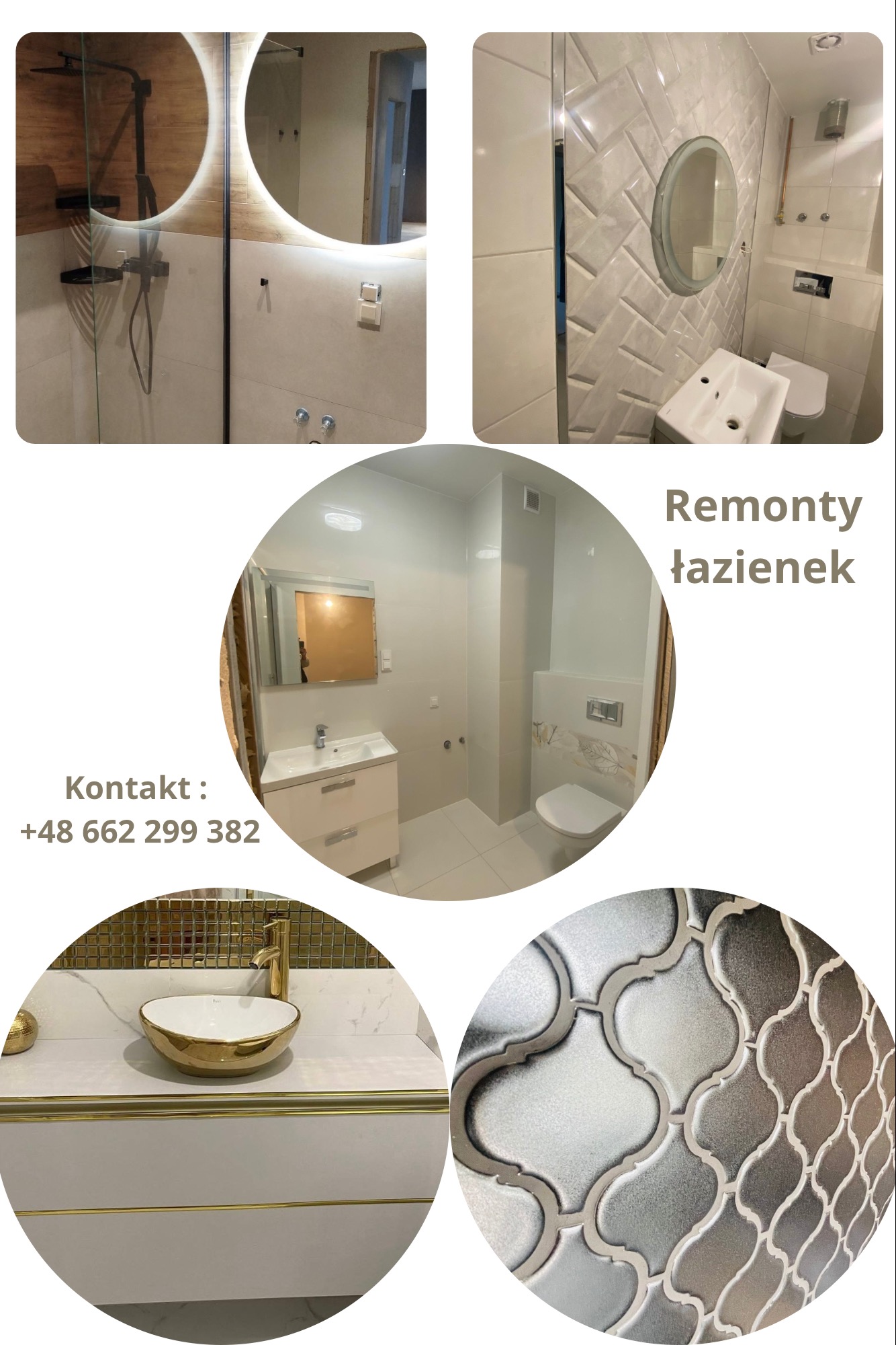 Kolaż z czterech ujęć wyremontowanej łazienki: kabina prysznicowa z okrągłym lustrem z podświetleniem LED, umywalka z toaletą i okrągłym lustrem, umywalka nablatowa w złotym kolorze z mozaiką w tle...