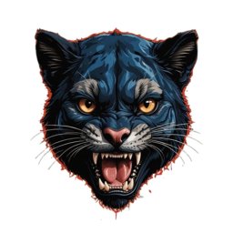 Jakub Murzyn - Stylizowana ilustracja głowy czarnej pantery z otwartą paszczą, widocznymi zębami i intensywnymi żółtymi oczami na białym tle.