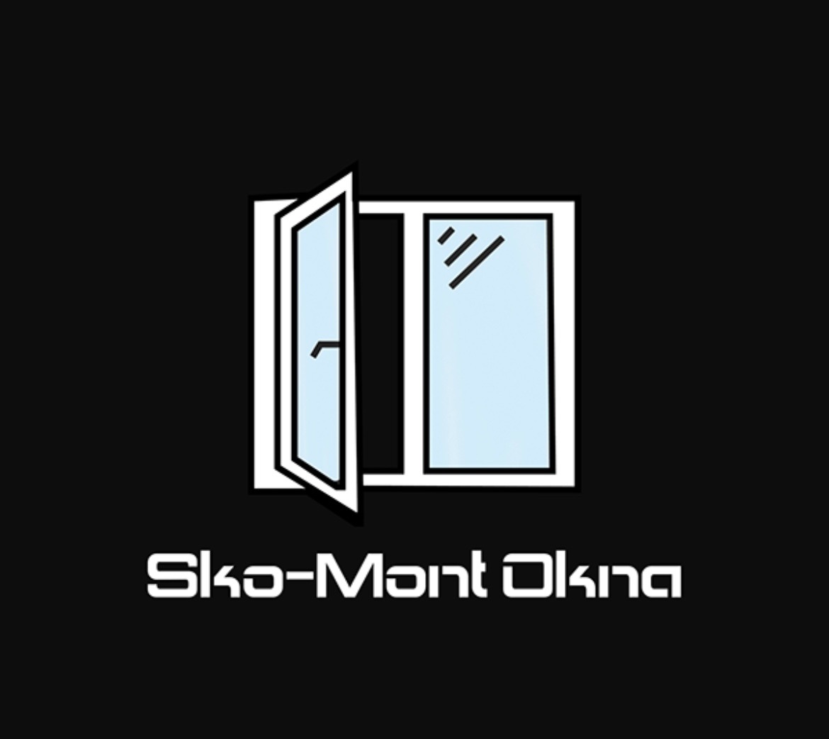 Minimalistyczne logo przedstawiające biały obrys okna z jednym skrzydłem otwartym na czarnym tle, z nazwą firmy 'Sko-Mont Okna' poniżej.