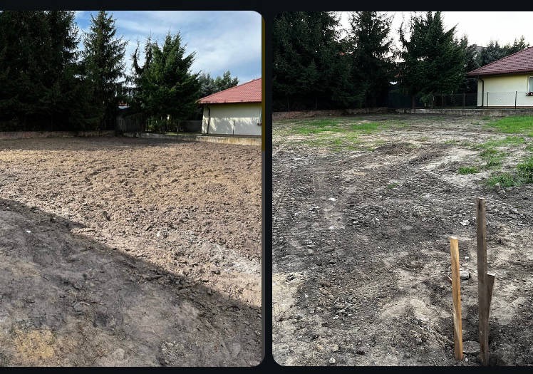 Porównanie terenu przed i po niwelacji: po lewej wyrównana, brązowa ziemia, po prawej teren z resztkami trawy i śladami opon, w tle domy i drzewa.