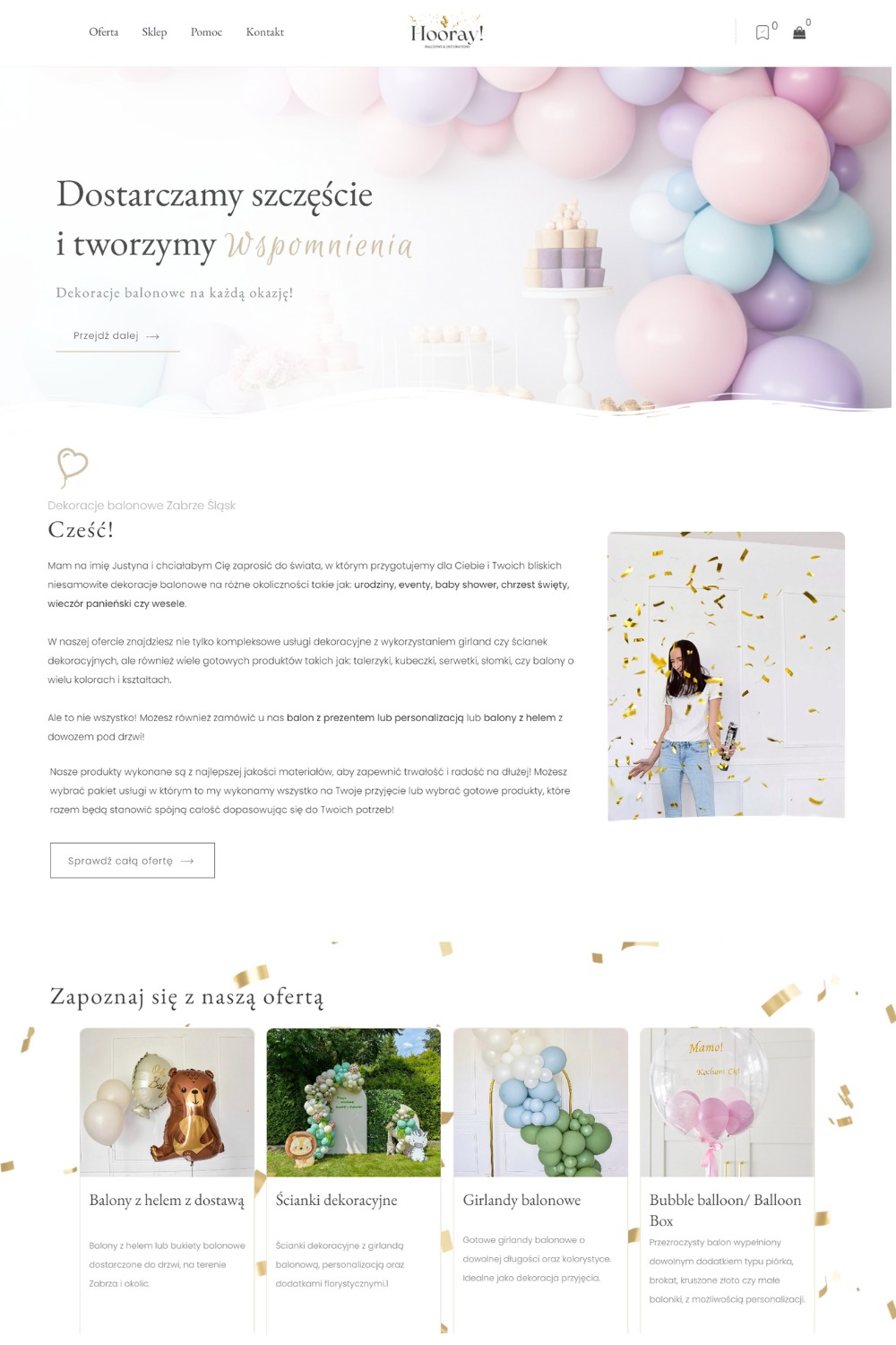Strona internetowa firmy oferującej dekoracje balonowe na różne okazje, z pastelowymi balonami w tle i informacją o dostarczaniu szczęścia i wspomnień. Widoczne sekcje z ofertą balonów z helem...