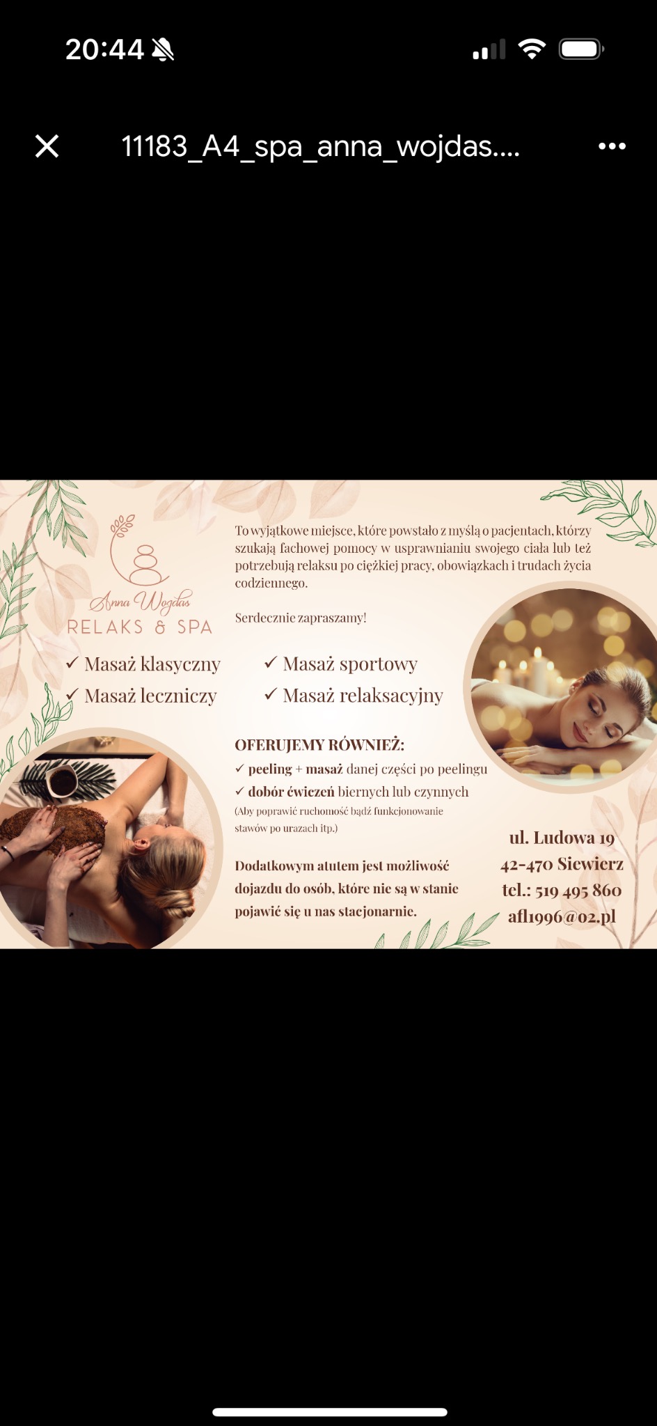 Plakat reklamowy salonu relaksu i spa oferującego masaże klasyczne, lecznicze, sportowe i relaksacyjne, peelingi oraz dobór ćwiczeń biernych i czynnych.