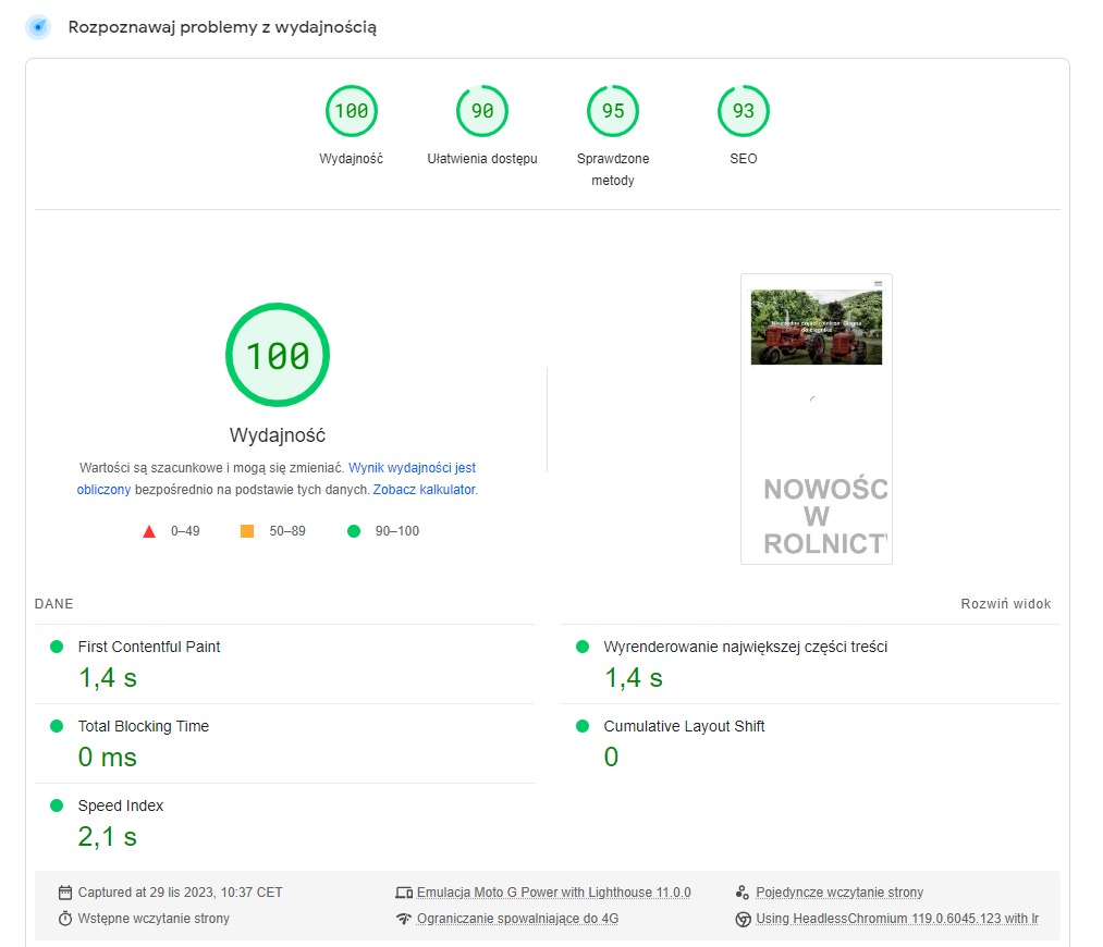 Page speed insight wzrost do 100 na mobile