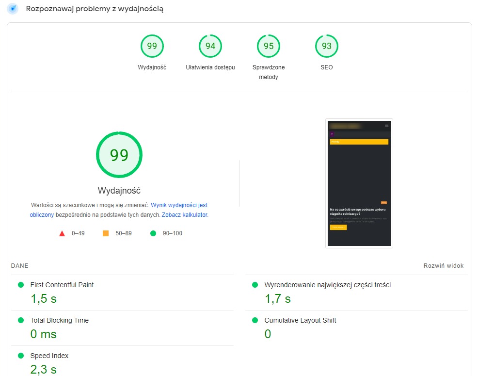 Wyniki testu wydajności strony internetowej: 99/100, z uwzględnieniem SEO, dostępności i sprawdzonych metod, z danymi o czasie ładowania i stabilności wizualnej.