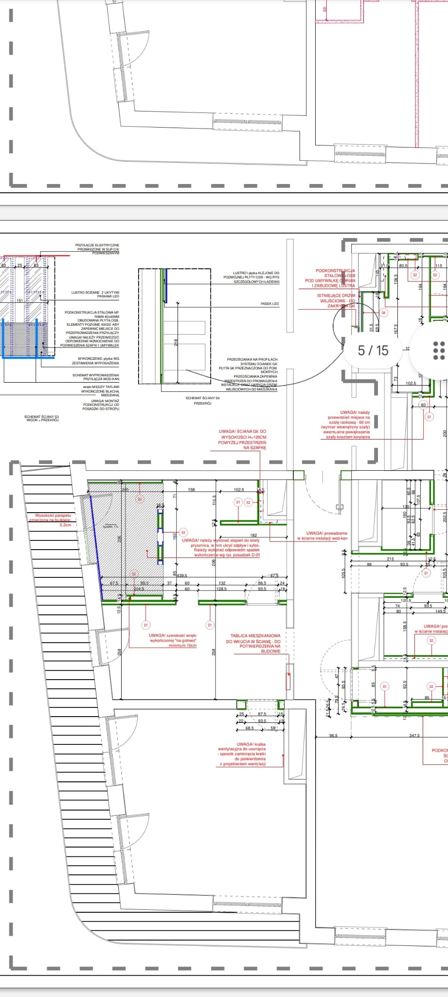 Rzut poziomy łazienki z detalami technicznymi, wymiarami i uwagami dotyczącymi instalacji, podkonstrukcji pod lustro z oświetleniem LED, oraz ścianek działowych z płyt kartonowo-gipsowych.