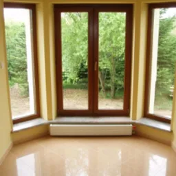 Jasne wnętrze z oknami z drewnianą stolarką i szarymi parapetami, widok na zieleń za oknem, pod oknami grzejnik.