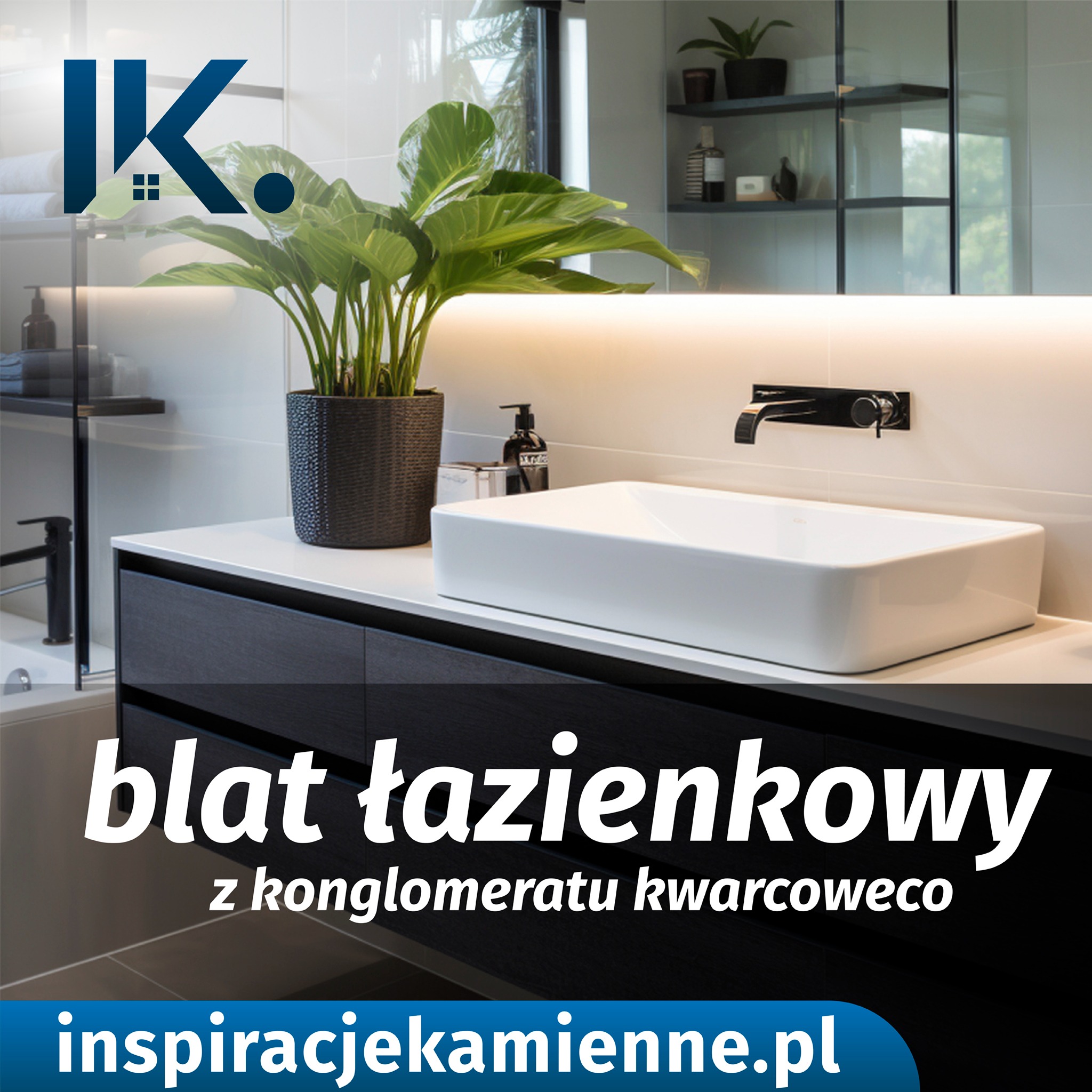 Nowoczesna łazienka z ciemnymi szafkami pod umywalką i białym blatem z umywalką nablatową, czarną armaturą i rośliną doniczkową, podświetlona listwą LED.