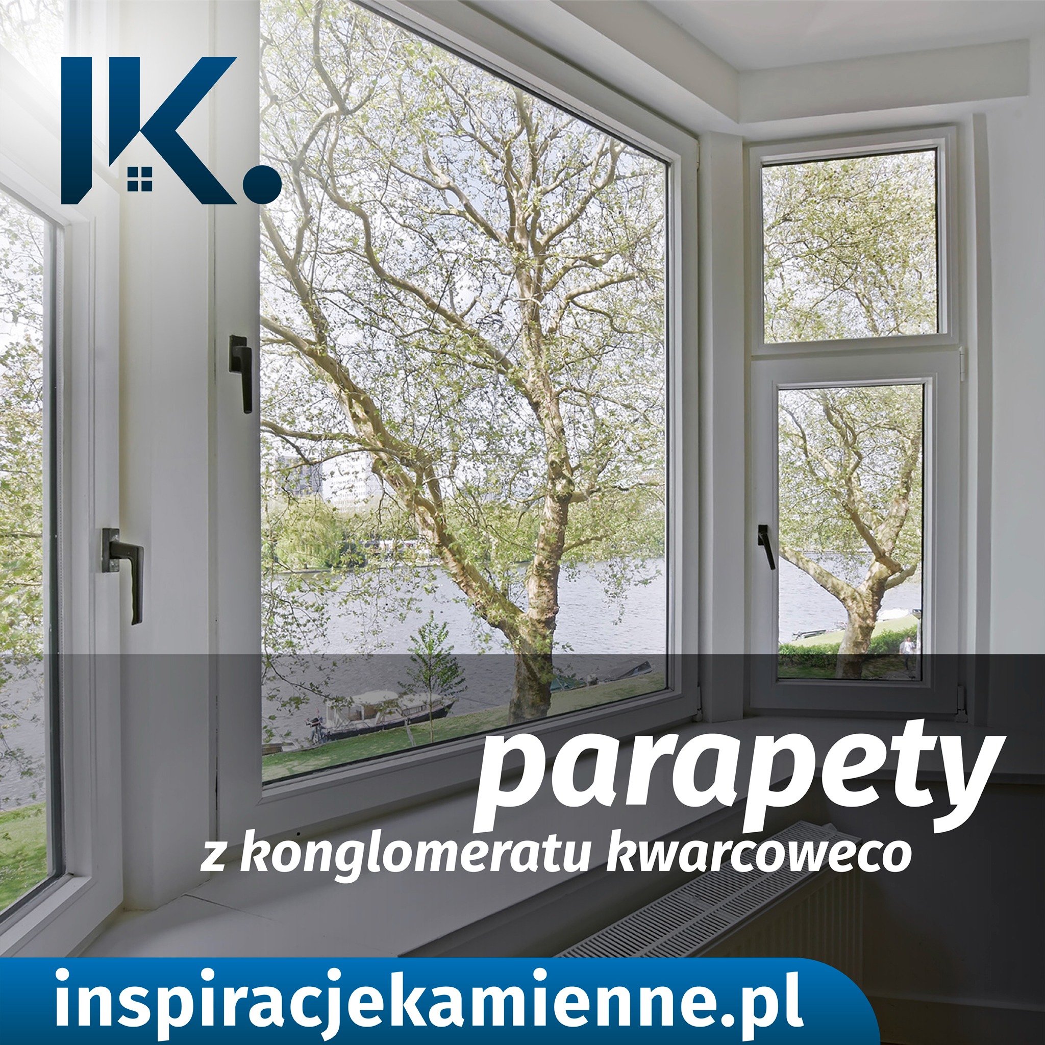 Biały parapet z konglomeratu kwarcowego pod oknem z widokiem na drzewo i jezioro, logo firmy w lewym górnym rogu.