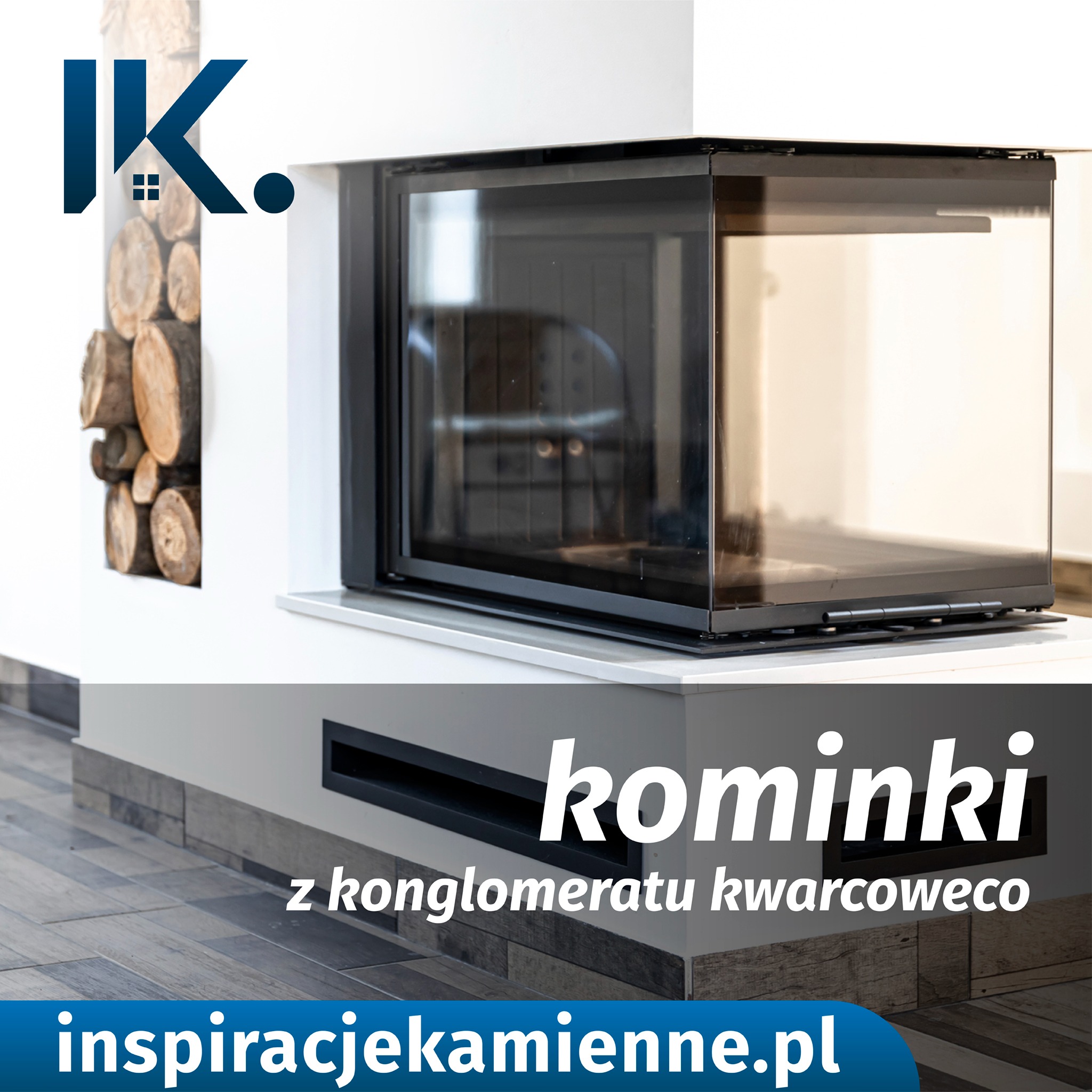 Nowoczesny kominek z obudową z konglomeratu kwarcowego, z dekoracyjnym ułożeniem drewna obok paleniska, widoczny fragment podłogi z płytek imitujących drewno.