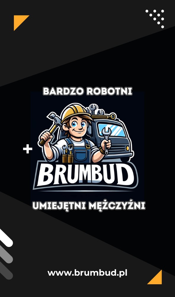 Kreskówkowy hydraulik w kasku i kombinezonie trzymający młotek i klucz francuski na tle samochodu i logo firmy 'BRUMBUD'.