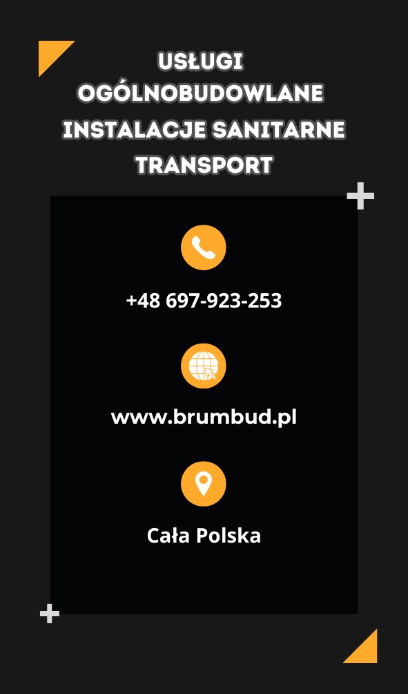Grafika reklamowa firmy budowlanej z usługami ogólnobudowlanymi, instalacjami sanitarnymi i transportem, numerem telefonu, adresem strony internetowej oraz informacją o zasięgu działania na terenie...