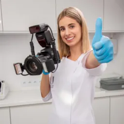 Uśmiechnięta kobieta w białym uniformie i niebieskich rękawiczkach trzyma aparat Canon EOS 80D z lampami błyskowymi Yongnuo, pokazując kciuk w górę w gabinecie z białymi szafkami.