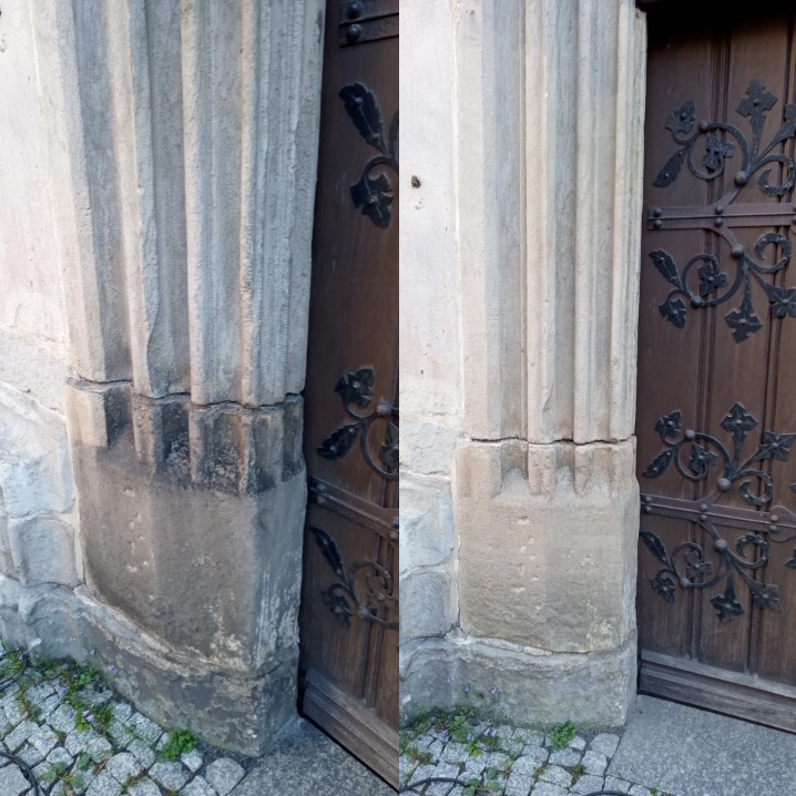 Porównanie stanu kolumny zabytkowej budowli przed i po czyszczeniu, widoczne różnice w kolorze i usunięciu zabrudzeń, drewniane drzwi z kutymi elementami w tle.