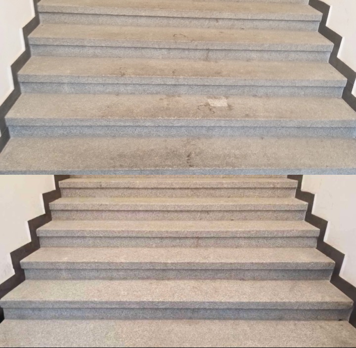 Porównanie czystości schodów granitowych przed i po czyszczeniu, widoczne różnice w odcieniu szarości i usunięte plamy.