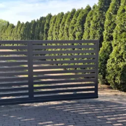 Automatyczna brama wjazdowa przesuwna z poziomych profili, otwierająca się na posesję z rzędem wysokich tuj, widoczny napęd bramy.