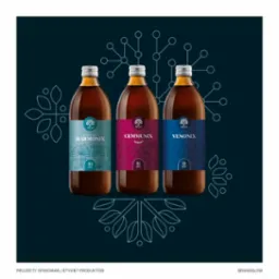 Trzy butelki z ciemnym płynem i etykietami w odcieniach turkusu, fuksji i granatu, prezentujące projekty opakowań z motywami roślinnymi na tle ciemnografitowym z elementami graficznymi.