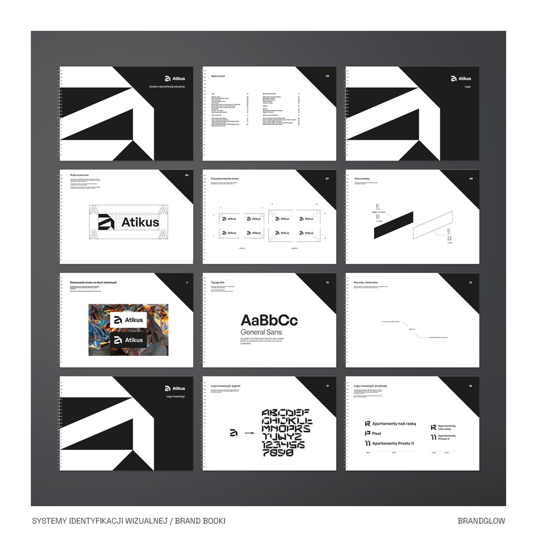 Strony z księgi identyfikacji wizualnej marki Atikus, prezentujące logo, typografię, paletę barw i przykłady użycia znaku w różnych kontekstach.