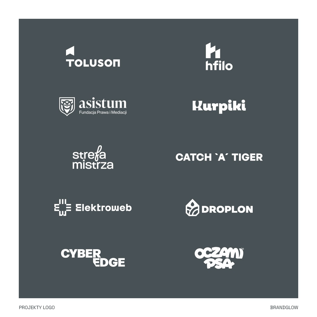 Kompilacja białych logo na szarym tle, prezentująca różne style i typografie dla marek takich jak Toluson, hfilo, asistum, Kurpiki, Strefa Mistrza, Elektroweb, Catch 'A' Tiger, Droplon, Cyber Edge...