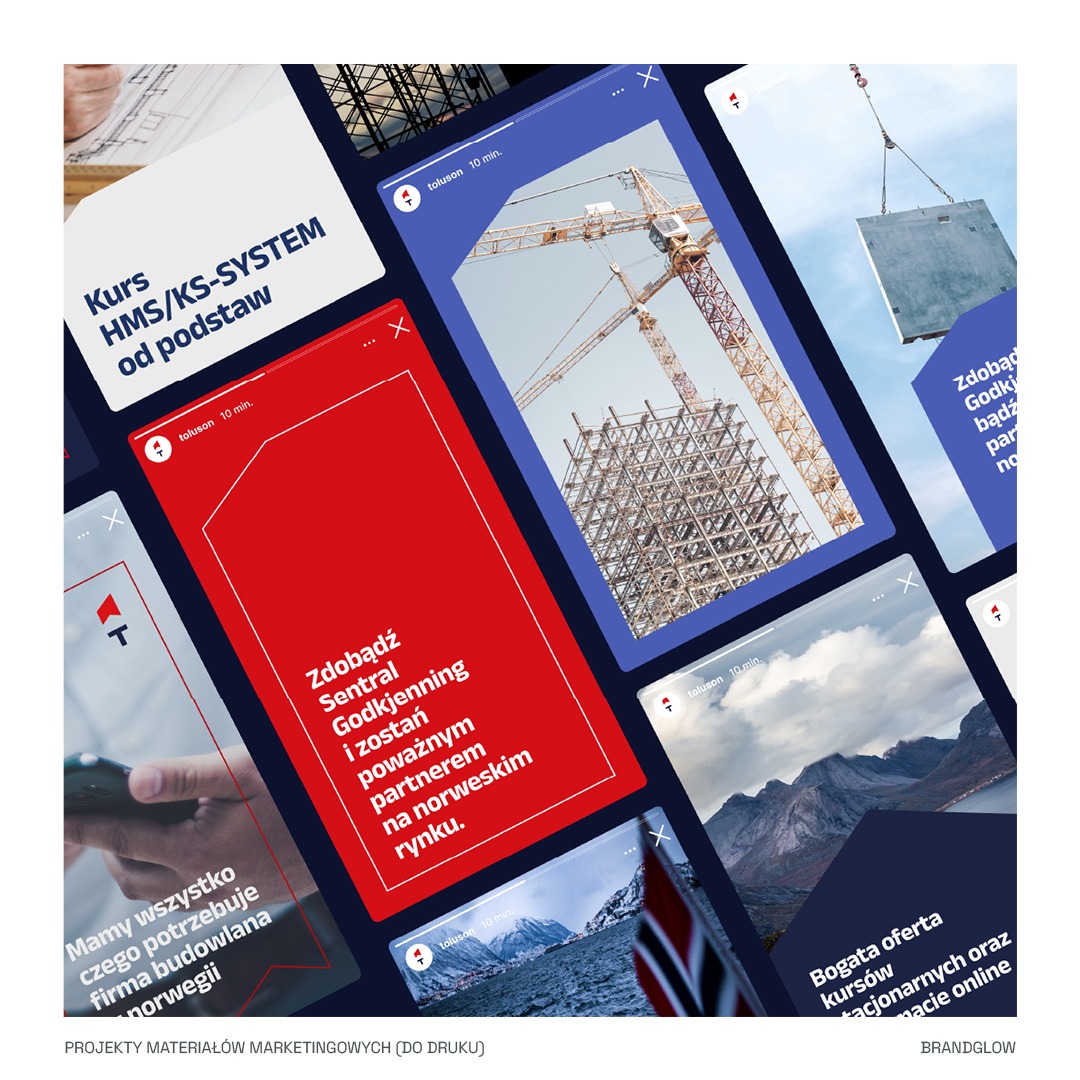 Kolaż grafik przedstawiający ekrany smartfonów z materiałami reklamowymi, w tym konstrukcje budowlane, krajobrazy norweskie i teksty o kursach oraz budownictwie w Norwegii.