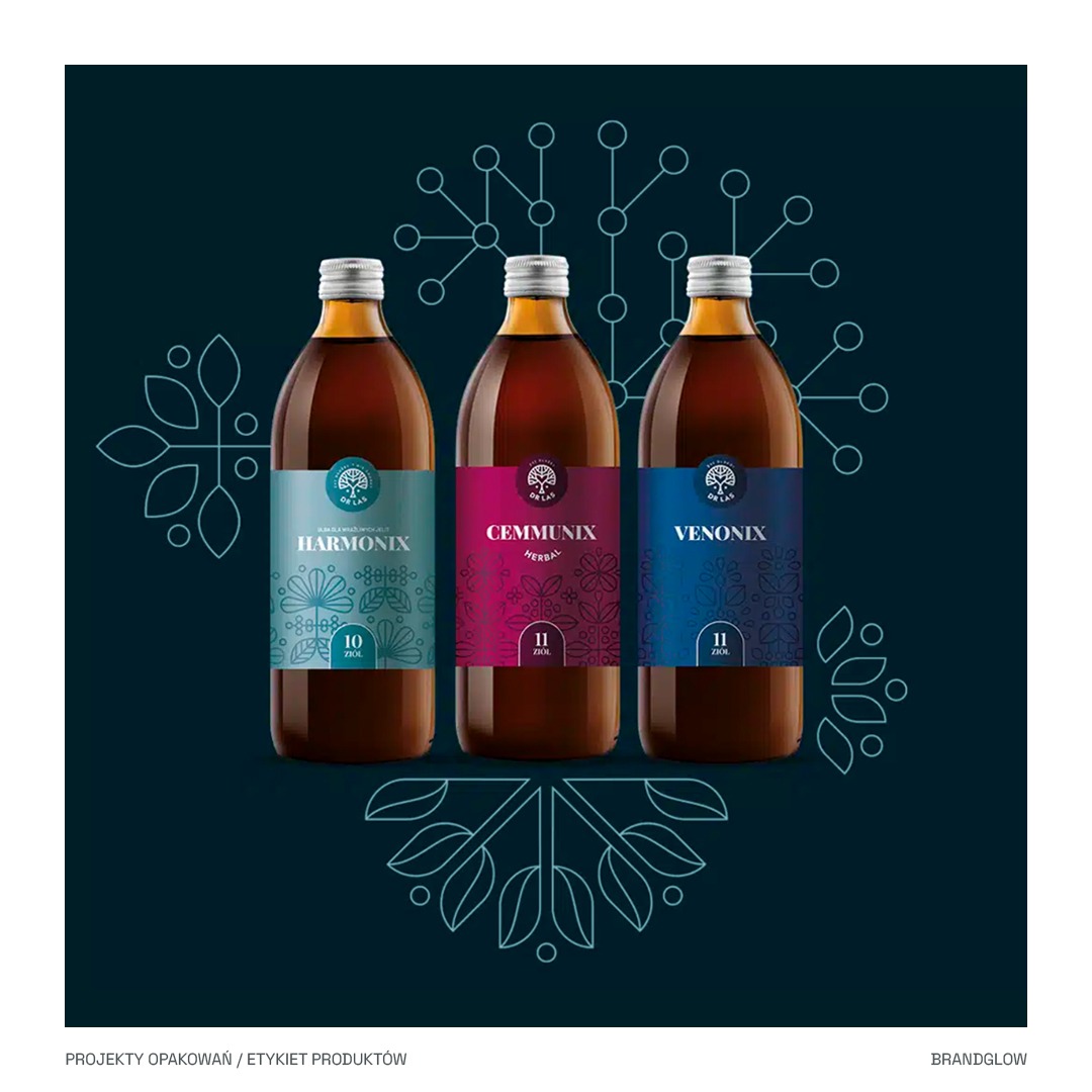 Trzy butelki z ciemnym płynem i etykietami w odcieniach turkusu, fuksji i granatu, prezentujące projekty opakowań z motywami roślinnymi na tle ciemnografitowym z elementami graficznymi.