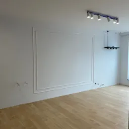 Pusty pokój po remoncie z panelami podłogowymi, białymi ścianami z dekoracyjną ramą, nowoczesnym oświetleniem sufitowym i wystającymi przewodami elektrycznymi.