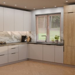 F.H.U. ADAMS MEBLE PIOTR ADAMSKI - Nowoczesna kuchnia z białymi i drewnianymi szafkami, marmurowym backsplash'em i dwoma piekarnikami w zabudowie.